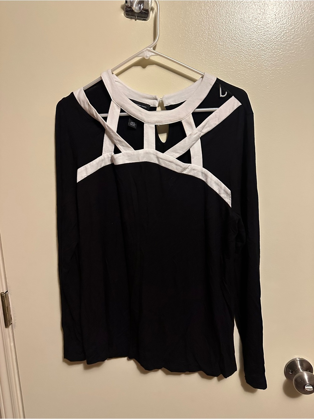 INC International Concepts Black Long-Sleeve Tee with White Strap Detail